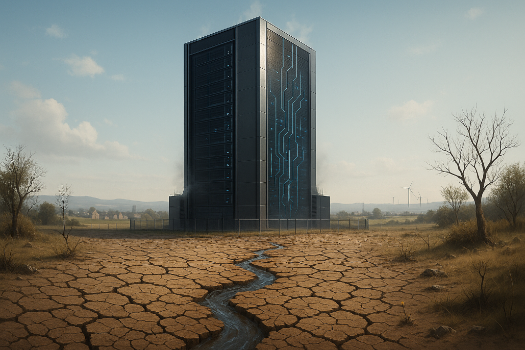Datacentres hum, Rows of servers, Power consumed, Water cools