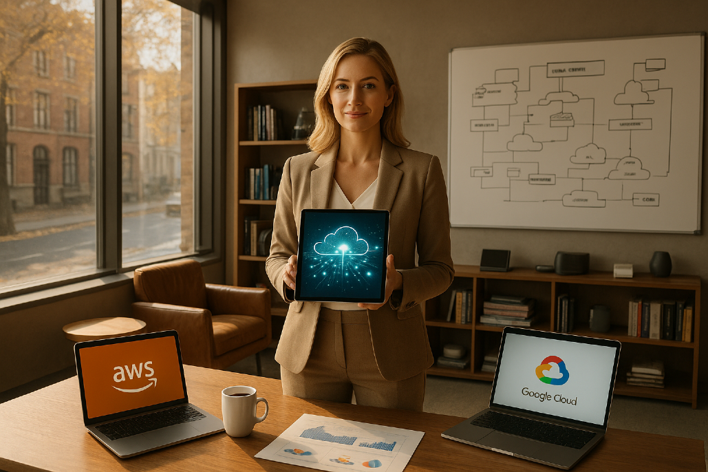 Cloud strategy blooms, In the azure sky above, Guiding us forward